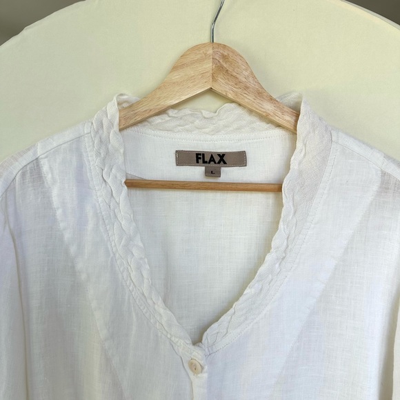FLAX White V Neck Long Sleeve Braided Neck Button Up Shirt in White - Picture 3 of 8